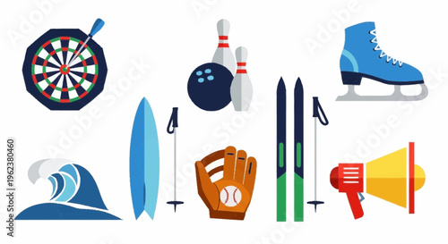 Various recreational objects for sports and leisure activities on display