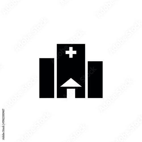 Hospital building icon with cross symbol.