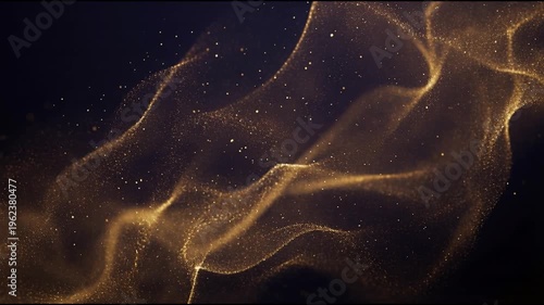 Golden particle rings forming smooth intertwined elliptical loops against a deep dark background with warm cinematic light creating calm seamless abstract motion