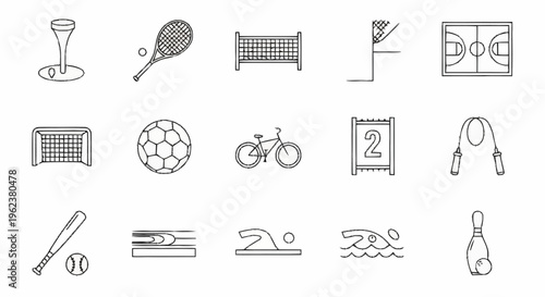 Various sports icons with equipment and symbols on display for athletes and teams.