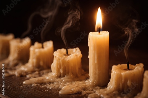 One bright burning candle standing among extinguished melted candles leadership and hope concept