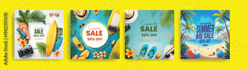 Summer sale advertisement for social media posts bundle with vibrant tropical leaves and blooming flowers,  summer background collections, beautiful floral decorative design