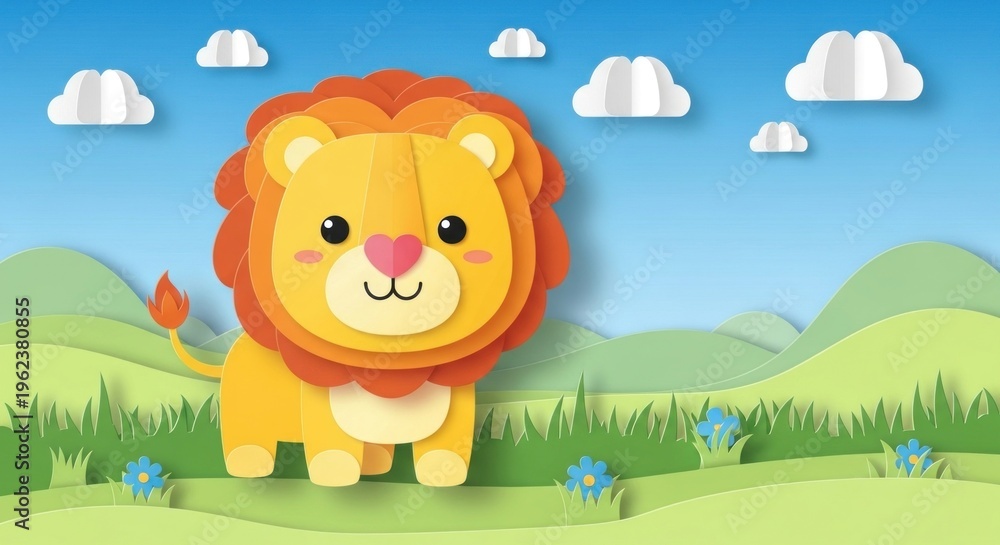 Naklejka premium Adorable Cartoon Lion in Bright Landscape