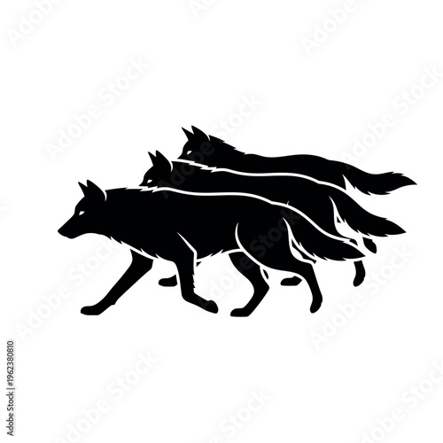 Three wolves running in a pack black silhouette.