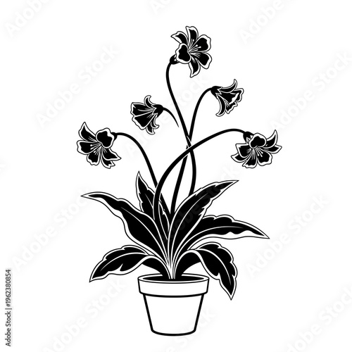 Potted Flowering Plant Silhouette, Elegant Floral Design, Botanical Illustration