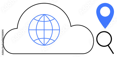 Globe inside a cloud with magnifying glass and geolocation marker symbolizing global connectivity, cloud services, localization, navigation, technology, data access, and research. Ideal for tech