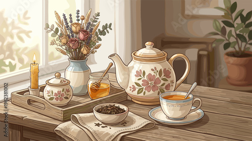 A cozy tea time illustration of a teapot, cup, honey, and flowers on a table. This warm, rustic scene is perfect for relaxation, cafe, or lifestyle concepts.
