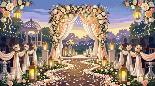 A romantic outdoor wedding ceremony illustration. The scene features a beautiful floral arch, an aisle of petals, and warm lanterns at dusk. Perfect for invitations and event design.