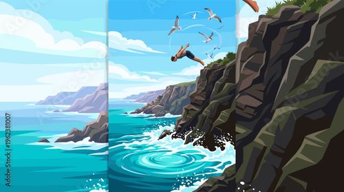 An exciting vector illustration of a man diving from a high cliff into the turquoise ocean. Seagulls fly by. Evokes freedom, adventure, and summer vacation.