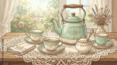 A charming vintage illustration of an elegant tea party set. A kettle, cups, and flowers on a lace doily create a cozy, romantic, and nostalgic cottagecore atmosphere.
