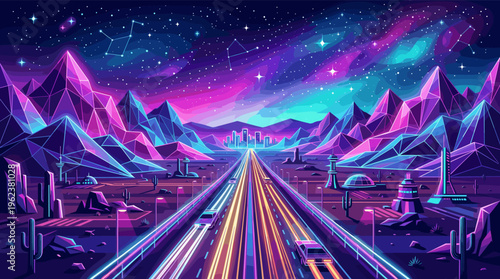A vibrant illustration of a neon highway leading to a futuristic city. Crystalline mountains and a cosmic sky create a retro synthwave vibe for tech or music concepts.
