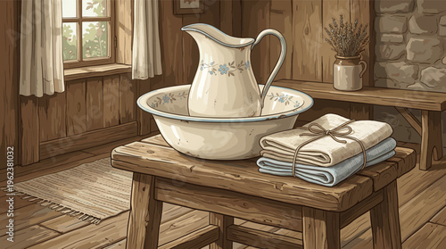 A serene illustration of a vintage pitcher and wash basin in a rustic farmhouse. This cozy, nostalgic scene is perfect for themes of simple living, history, or calm backgrounds.
