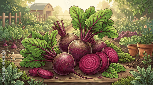 An idyllic illustration of fresh beetroot on a wooden table in a rustic farm garden. Perfect for concepts of healthy eating, organic farming, and wholesome lifestyles.