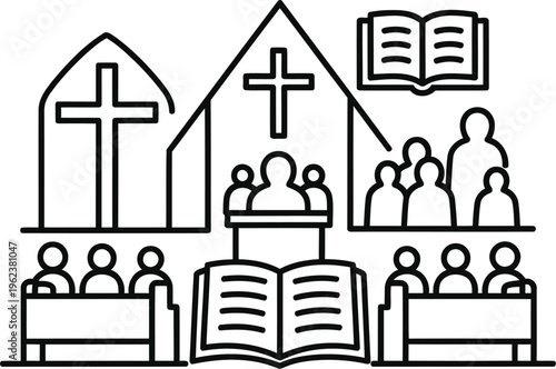 A simple black and white line art illustration representing a christian church service scene