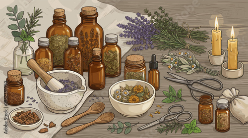 Illustration of an herbal apothecary table with dried herbs, essential oils, and lavender. Perfect for wellness, natural medicine, aromatherapy, and holistic health concepts.