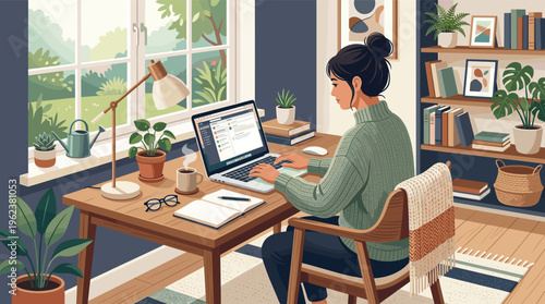 Young woman working from home on a laptop in a cozy, plant-filled office. A calm and productive remote work or freelance lifestyle concept illustration. Hygge style workspace.