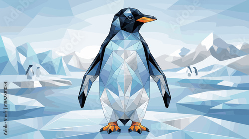 A stylish low-poly penguin illustration standing on a frozen arctic landscape. Modern, geometric vector art perfect for technology, climate, and creative design concepts.