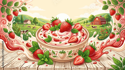 A vibrant illustration of a bowl of strawberry cream on a wooden table. The background shows a rustic farm landscape with cows, ideal for food packaging and advertising.