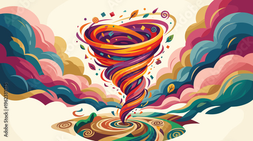 Colorful abstract tornado illustration. A dynamic whirlwind of creative energy and chaos. Ideal for concepts of innovation, transformation, brainstorming, and disruptive ideas.