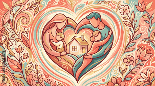 A warm, stylized illustration of a family in a heart with a home at its center. This artwork represents love, protection, and unity. Ideal for insurance or real estate concepts.