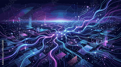 Abstract futuristic background of a digital network with flowing data streams. Neon glowing lines and nodes represent connectivity, big data, and artificial intelligence.
