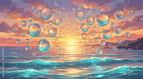 A dreamy illustrated seascape with magical soap bubbles floating over the ocean at sunset. Serene and whimsical background for fantasy, mindfulness, or creative projects.