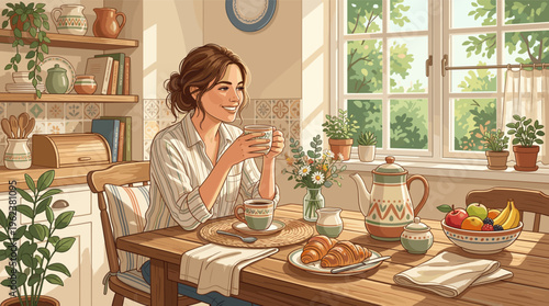 Happy woman having a cozy breakfast with coffee in a sunlit rustic kitchen. Beautiful illustration representing a tranquil morning, self-care, and a slow living lifestyle.