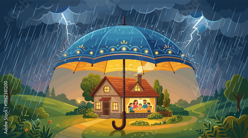 A happy family is safe in their cozy home, protected by a giant umbrella from a storm. A concept of insurance, security, safety, and family care against life's challenges.