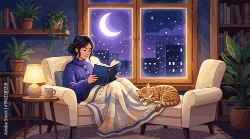 A woman relaxes on a sofa, reading a book under a warm lamp. Her cat sleeps beside her. A window shows the moon and city at night. Perfect for relaxation and self-care concepts.