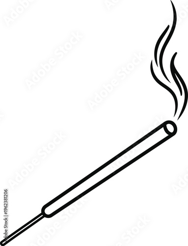 A simple black and white line drawing of a burning incense stick releasing a trail of thin smoke.