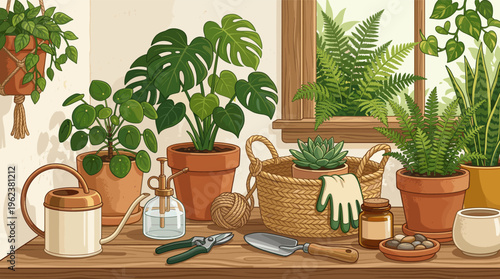 An illustration of a cozy indoor garden with houseplants and tools on a table. Peaceful hobby concept for home decor, wellness, and plant care.