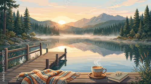 A serene illustration of a mountain lake at sunrise. A wooden dock with hot coffee, a book, and a blanket creates a cozy, relaxing mood. Perfect for travel or wellness concepts.