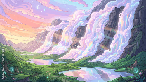 A serene fantasy landscape illustration of a mystical valley with iridescent waterfalls flowing from mountains under a dreamy pastel sky. Perfect for magical or peaceful concepts.