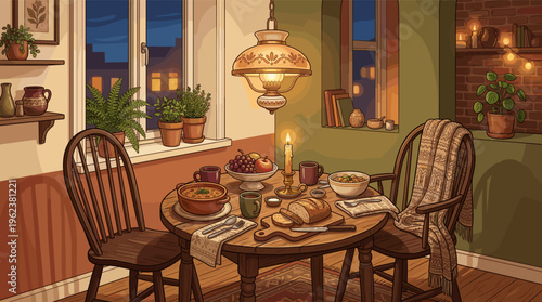 A warm illustration of a rustic dining table set for two at night. This cozy scene with soup and candlelight evokes comfort, romance, and hygge. Perfect for lifestyle concepts.