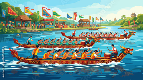 Vibrant illustration of a traditional Dragon Boat Festival. Teams race in ornate boats as a crowd cheers. Perfect for cultural events, Asian holidays, and teamwork concepts.