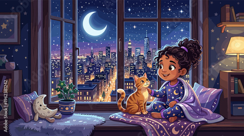 A little girl and her ginger cat sit by the window watching the city at night. This cozy, magical bedtime illustration is perfect for storytelling and children's content.