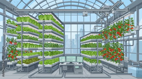 Illustration of a modern vertical farm with automated hydroponic systems. Concept for urban agriculture, smart farming, and sustainable food technology with computer controls.
