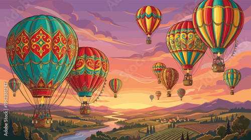 A magical illustration of colorful hot air balloons floating over a scenic valley at sunset. This whimsical adventure scene evokes freedom, travel, and fantasy. Perfect for tourism.