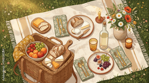 A beautiful top-down illustration of a romantic picnic on a summer meadow. The cozy scene features a basket, bread, cheese, wine, and flowers, perfect for lifestyle concepts.
