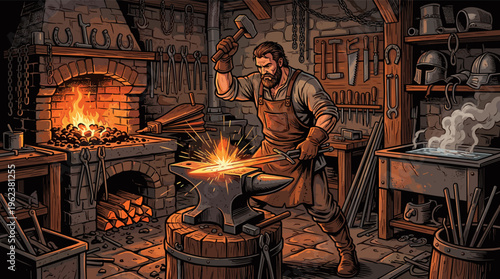Illustration of a powerful medieval blacksmith forging a glowing sword on an anvil. This fantasy scene is ideal for RPG games, book covers, and historical concepts.
