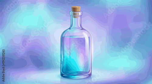 A magical glass bottle with liquid inside against a dreamy abstract background. Perfect for fantasy, potion, science, or beauty concepts. Illustration with copy space.