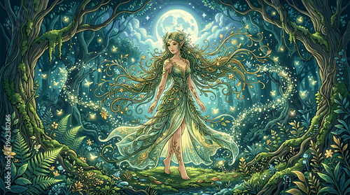 A beautiful forest goddess or Mother Nature figure in a magical moonlit wood with fireflies. Ethereal fantasy illustration for wellness, mythology, or spiritual concepts.