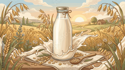 Illustrated bottle of oat milk with a dynamic splash on a rustic table overlooking a golden farm field. Ideal for vegan, healthy, and organic product advertising.