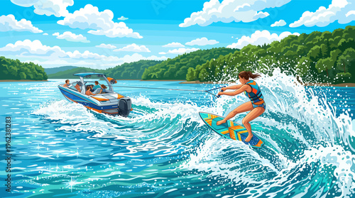 An active woman wakeboarding on a vibrant blue lake behind a speedboat. This sunny summer illustration is perfect for travel, vacation, and extreme water sports concepts.