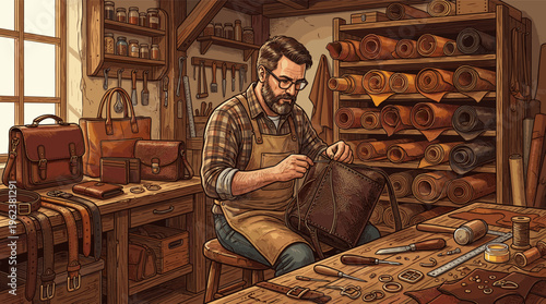 An illustration of a focused male artisan in his workshop, hand-stitching a leather bag. This image represents traditional craftsmanship, skill, and small business.