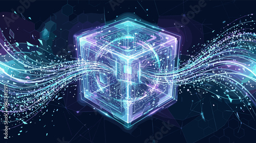 A futuristic glowing cube processes streams of digital data. Abstract tech art for AI, big data, blockchain, or quantum computing concepts. Neon lights on a dark background.