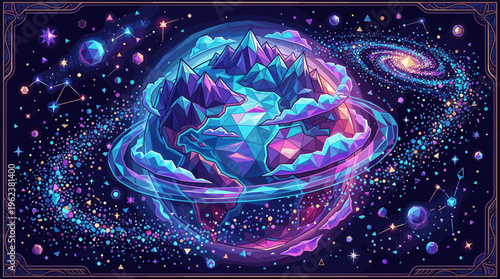 Vibrant illustration of a fantasy crystal planet in a neon galaxy. This magical, cosmic world is perfect for sci-fi, gaming, or spiritual design projects.