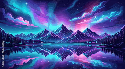 A magical mountain landscape at night with a vibrant aurora borealis and starry sky reflected in a calm lake. A dreamy, tranquil digital illustration perfect for backgrounds.