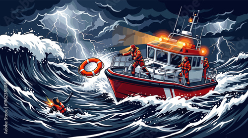 A dramatic illustration of a coast guard crew on a boat rescuing a person from a stormy sea with large waves and lightning. Concept for help, safety, teamwork, and crisis.