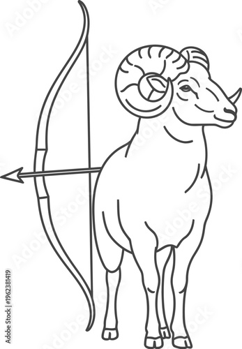 A black and white line art illustration of a ram standing beside a traditional longbow and arrow